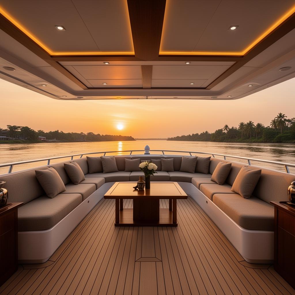 Luxury yacht deck with comfortable seating at sunset